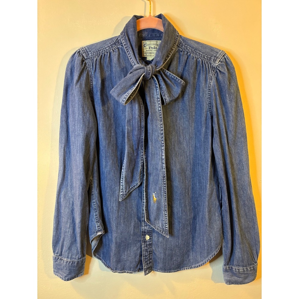 Polo Ralph Lauren Denim Bow Neck Tie Blouse S Flesh Pony